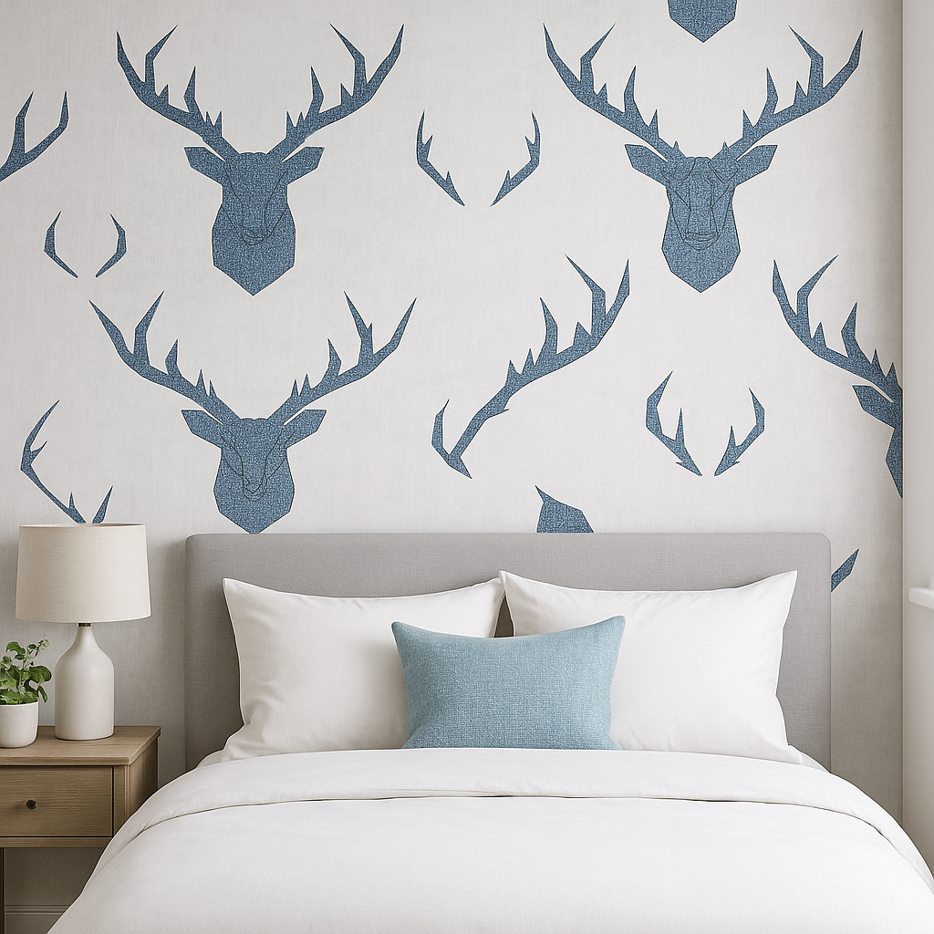 Geo Stag Wallpaper blue glitter and beige