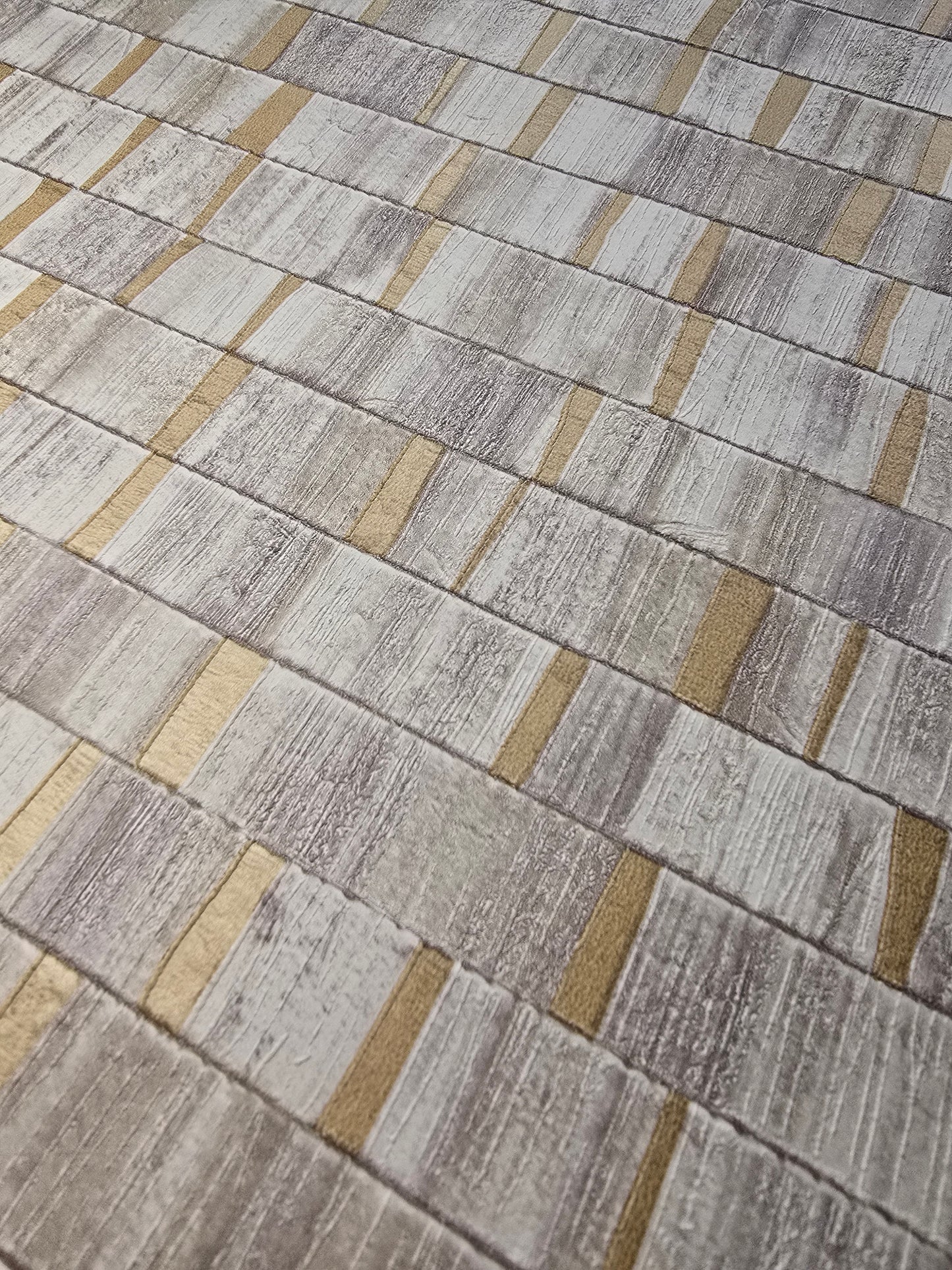 Modern Textured Metallic Tile Wallpaper – Grey, Cream & Gold (FD24923)