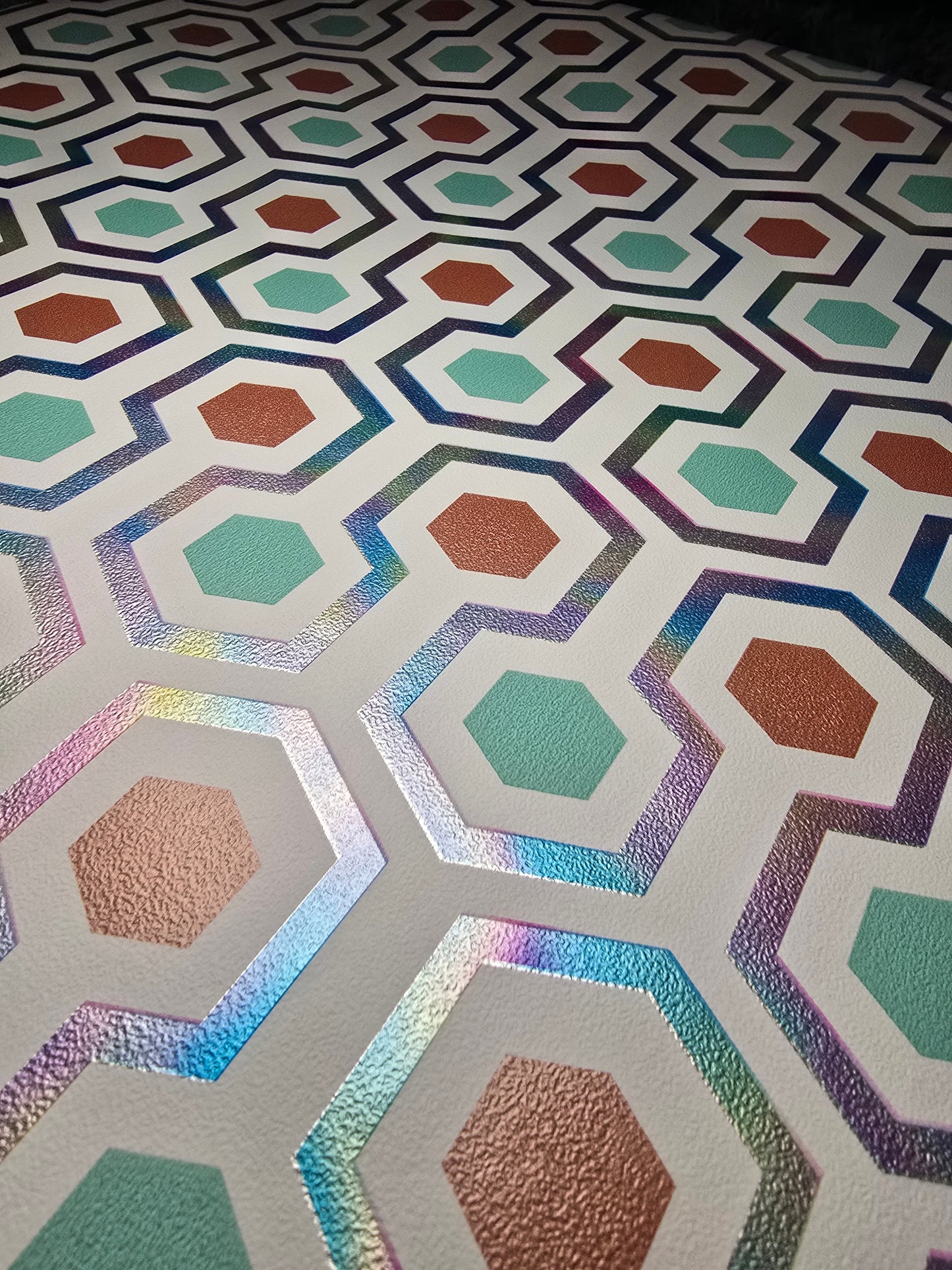 Turquoise & Copper Metallic Hexagon Geometric Wallpaper (GV24292)