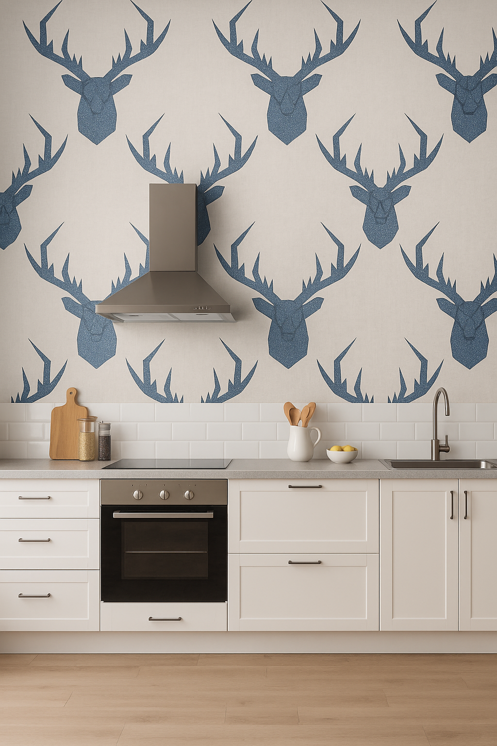 Geo Stag Wallpaper blue glitter and beige