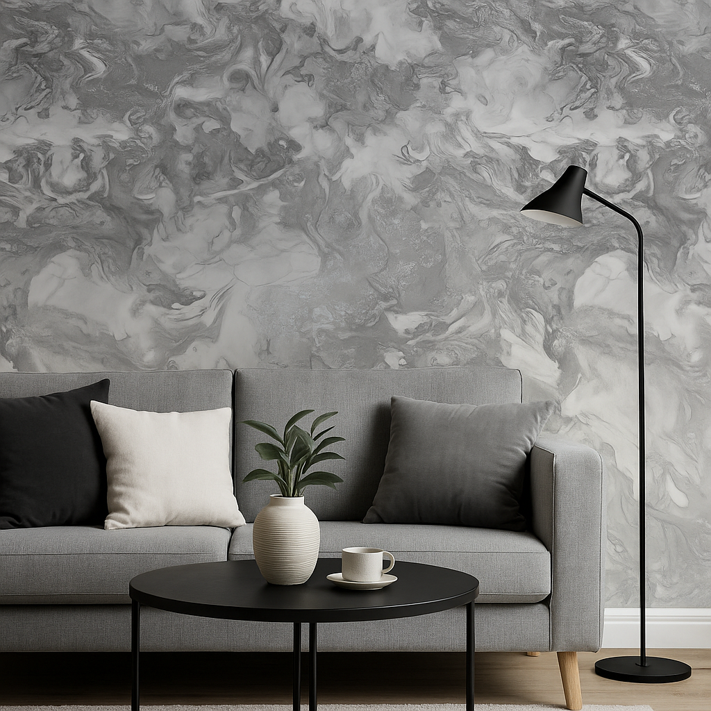 Ripple marble silver, grey and white wallpaper