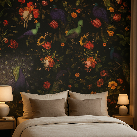 Dark Floral & Peacock Wallpaper  (6371-15)