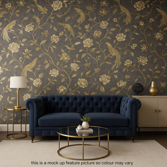 Paradise Birds – Charcoal & Gold (Ref: 196201)