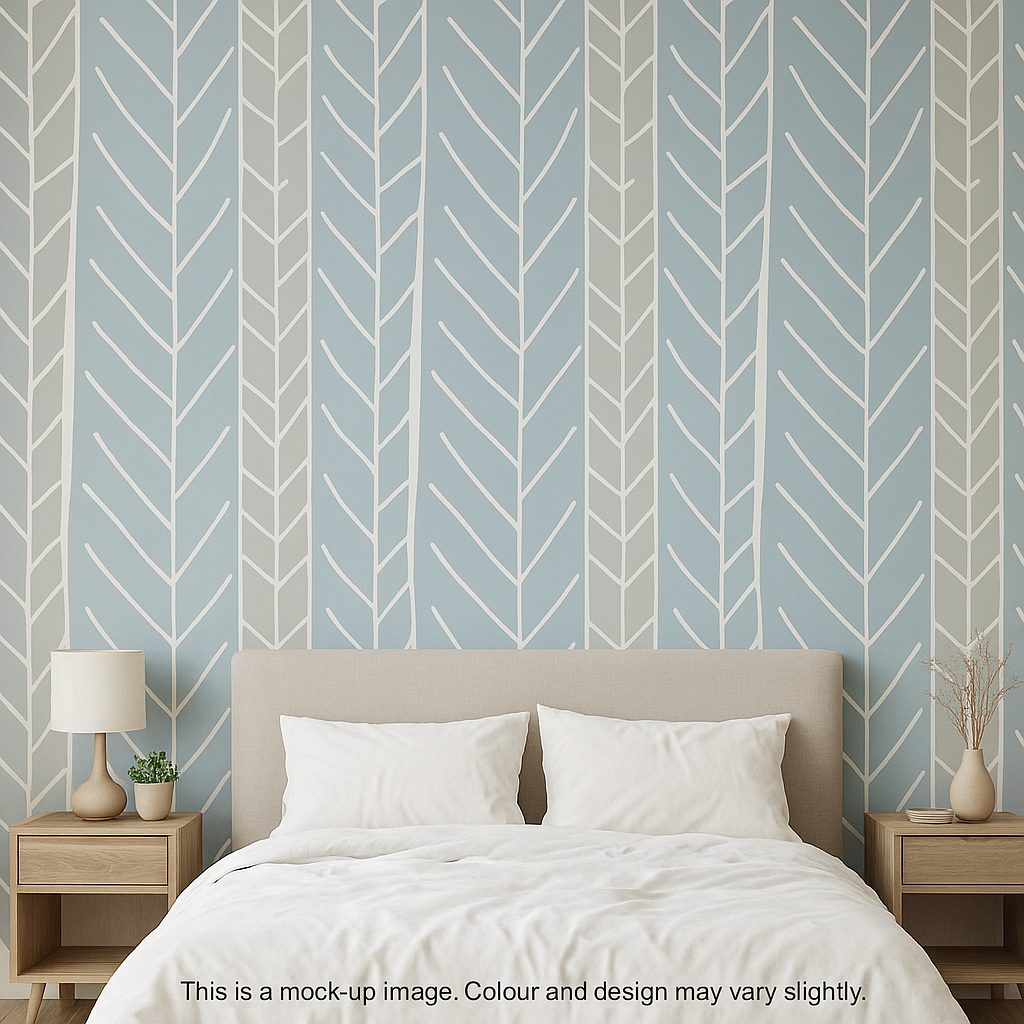 Scandi Leaf Trail Wallpaper – Soft Grey & Blue (FD25820)