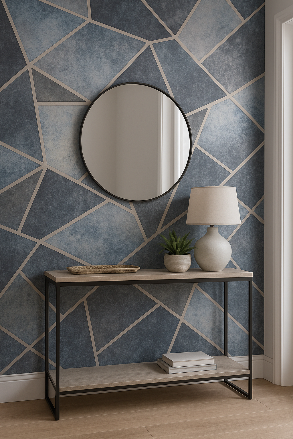 Blue & Silver Geometric Panel Wallpaper – Luxury Shimmer Effect (FD25350)