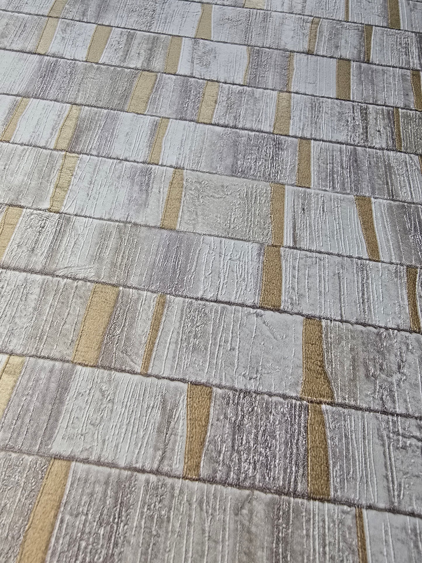 Modern Textured Metallic Tile Wallpaper – Grey, Cream & Gold (FD24923)