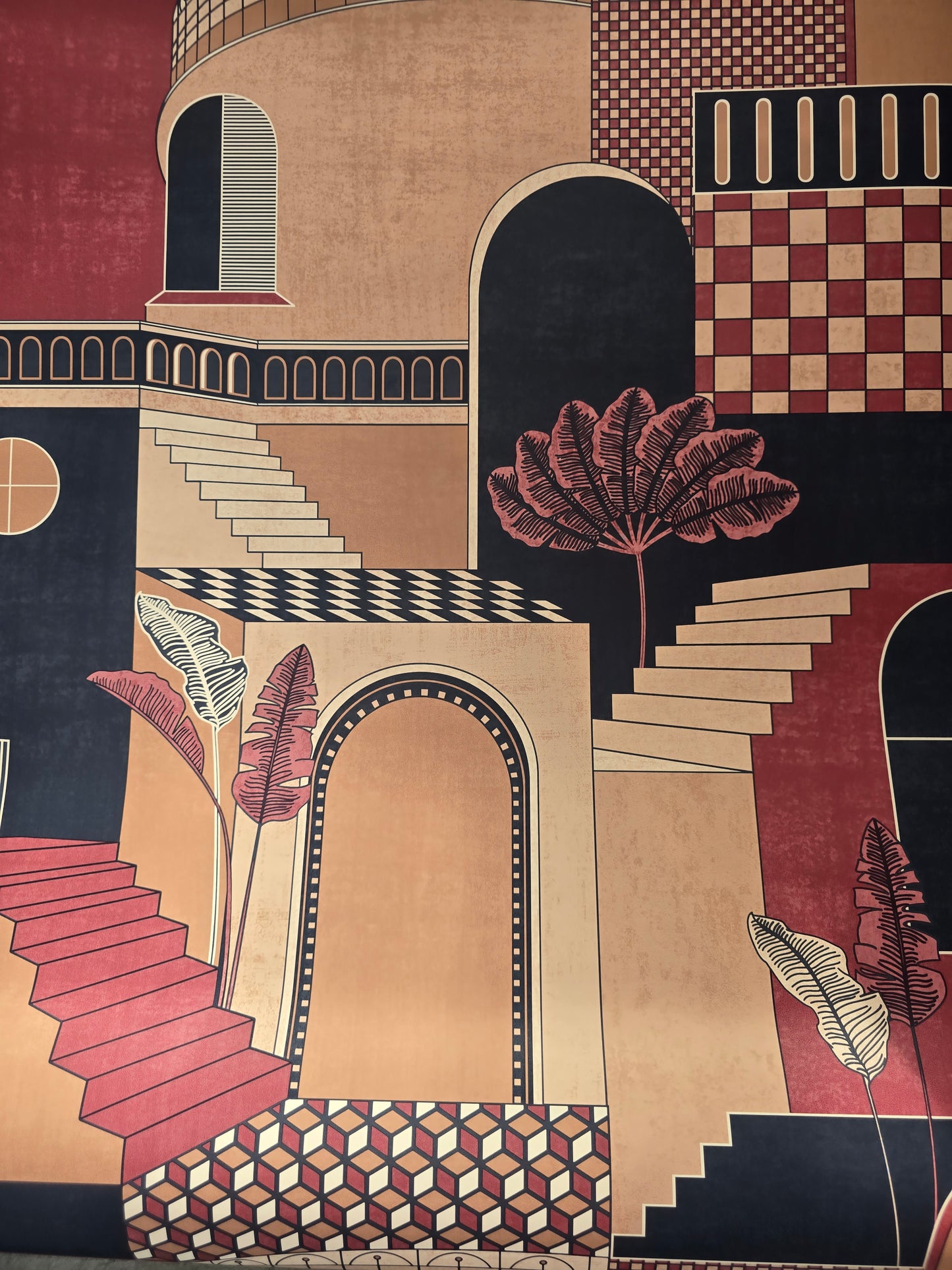 Medina Red/Navy Geometric Staircase Feature Wallpaper (13103)