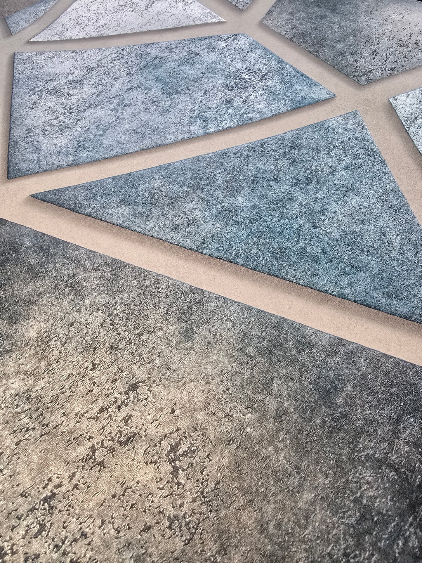 Blue & Silver Geometric Panel Wallpaper – Luxury Shimmer Effect (FD25350)