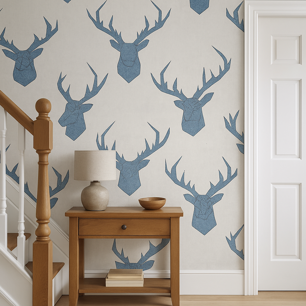 Geo Stag Wallpaper blue glitter and beige
