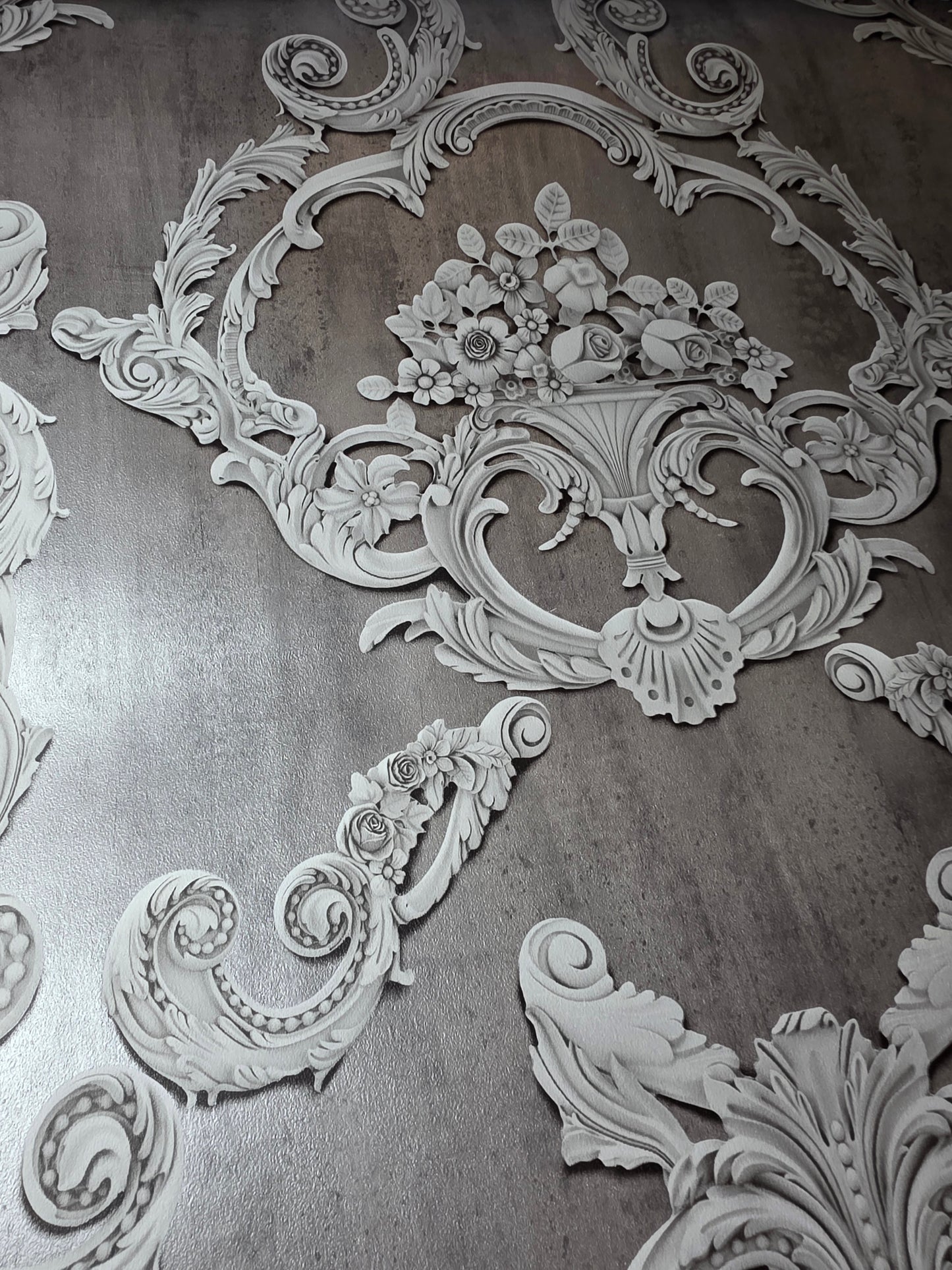 Grosvenor Anthracite Damask Wallpaper – Luxury Baroque Design by Debona (6215D)
