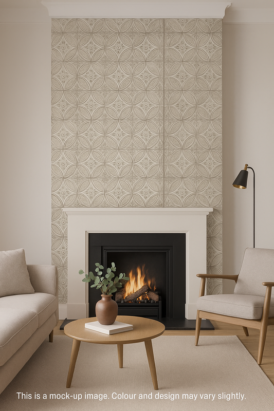 Vintage Embossed Tin Tile Effect Wallpaper – Cream & Stone Grey (FD23764)