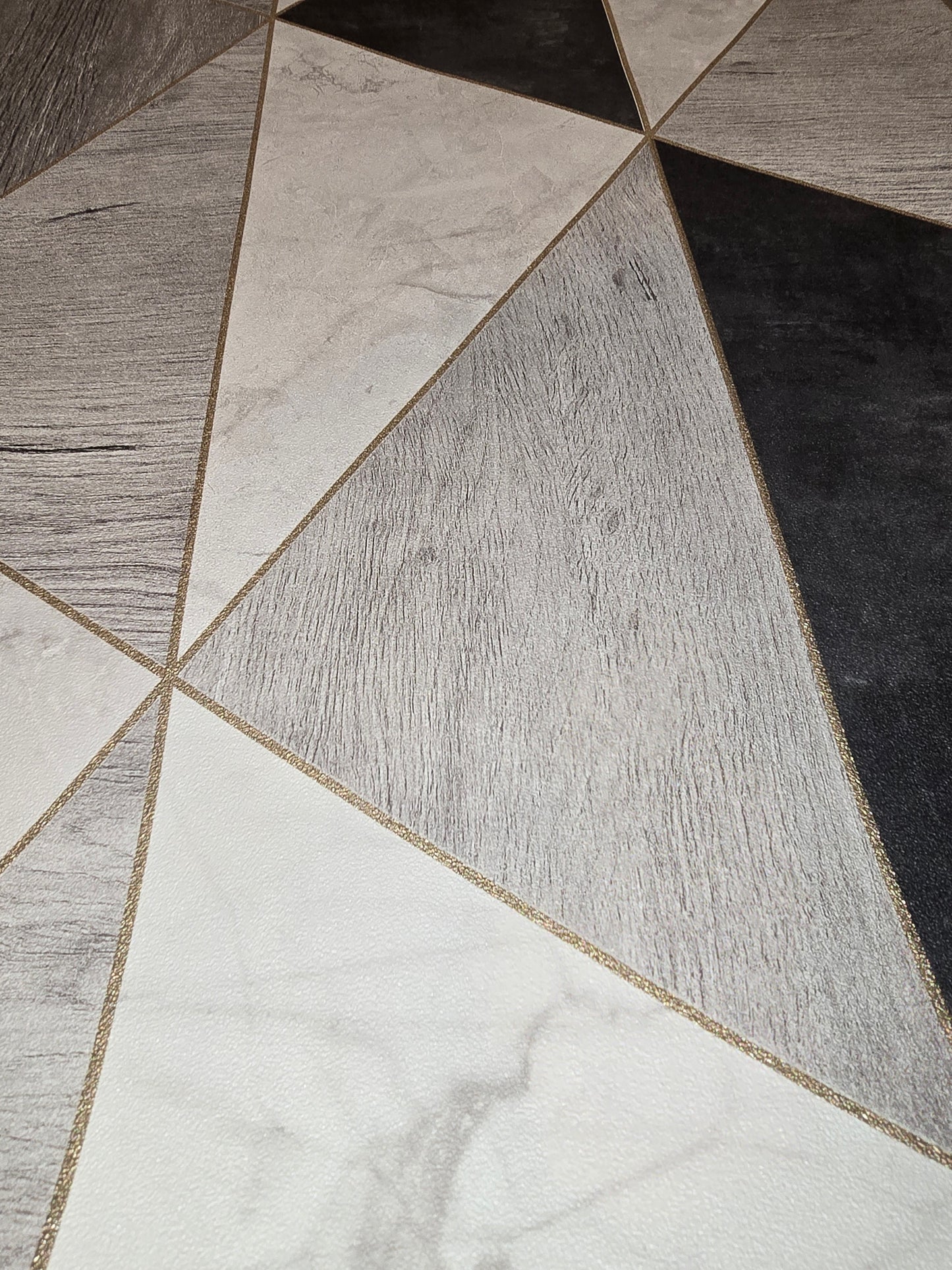 Geometric Marble & Wood Effect Wallpaper with Gold Detailing