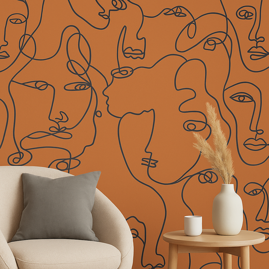 Linear Visages Burnt Orange Abstract Face Wallpaper (91271)