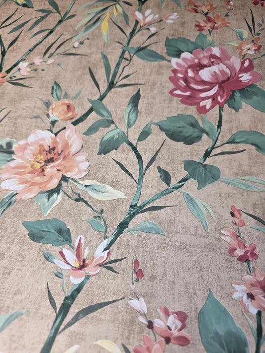 Oriental Floral Trail Wallpaper – Taupe & Blush Botanical Feature Wall (13821)