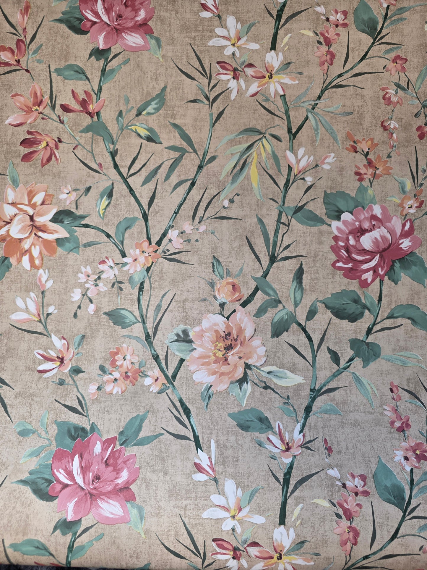 Oriental Floral Trail Wallpaper – Taupe & Blush Botanical Feature Wall (13821)