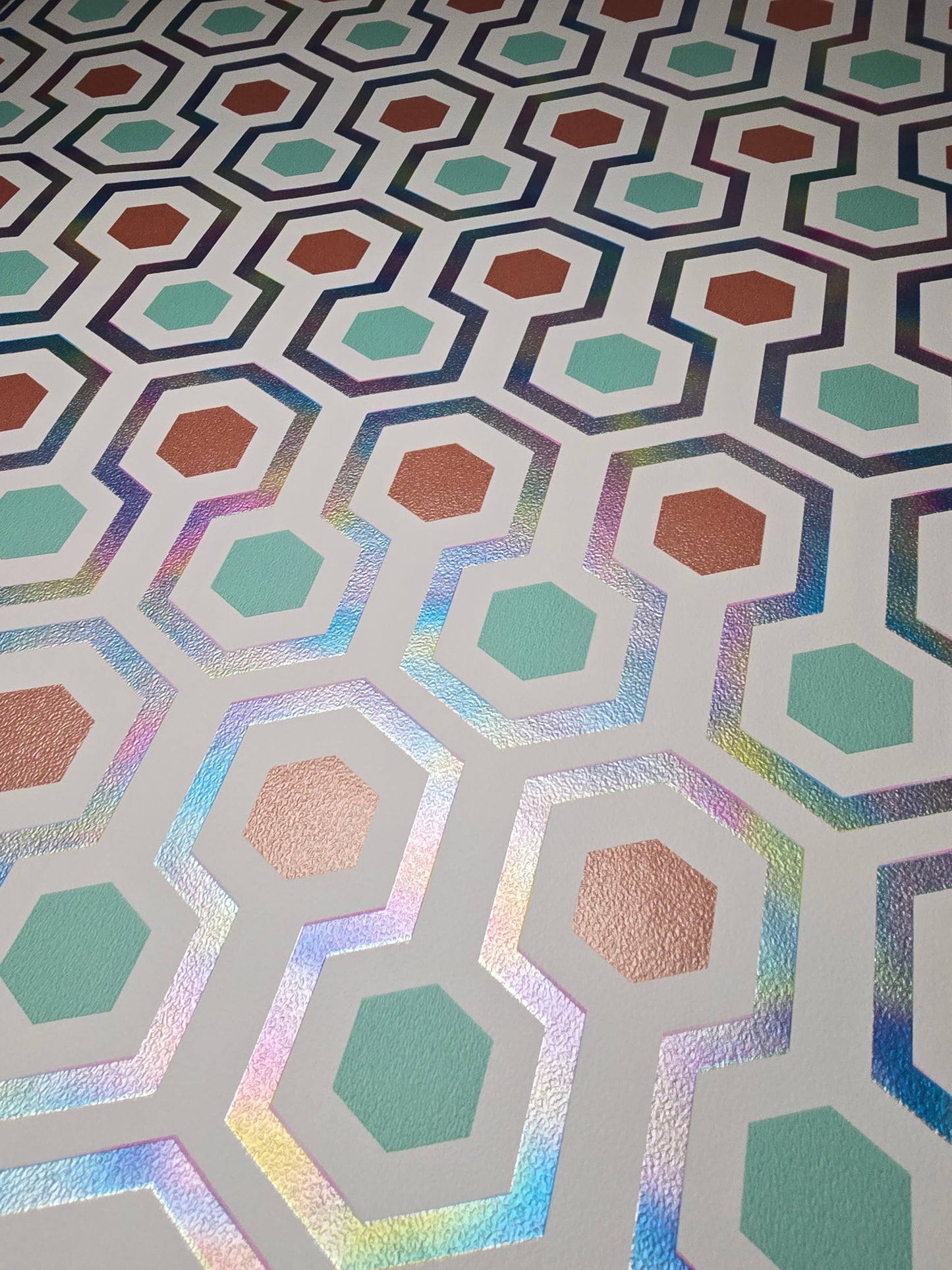 Turquoise & Copper Metallic Hexagon Geometric Wallpaper (GV24292)