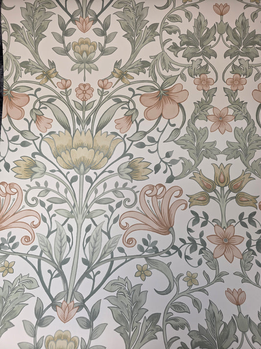 Vintage Floral Wallpaper Cream, Sage & Ochre Botanical Feature Wall (13392)