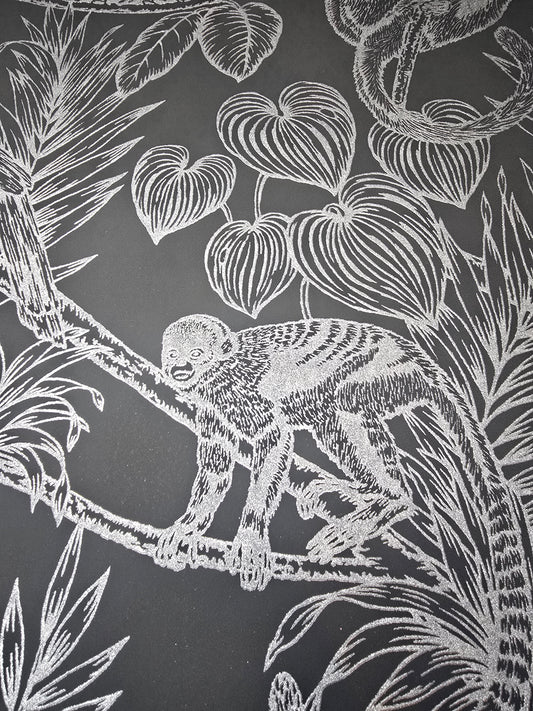 Charcoal Silver animal Palm Burst Textured Wallpaper (BX220AW)