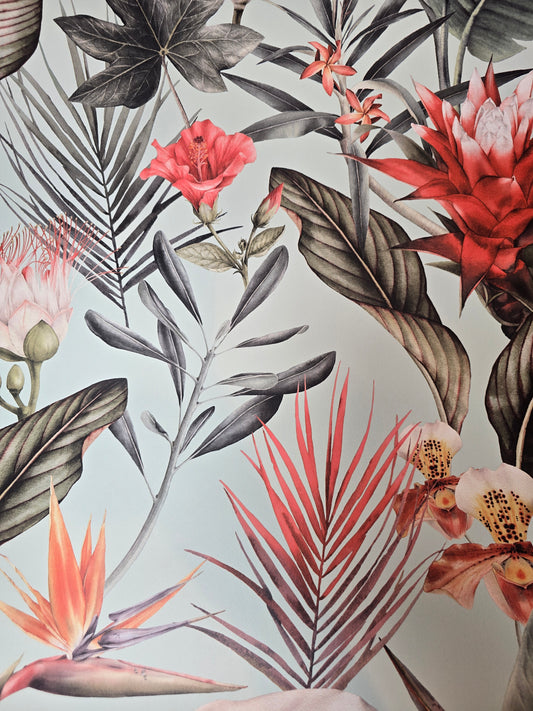 Flora Duck Egg Tropical Botanical Floral Wallpaper by Debona Wallcoverings (5071)