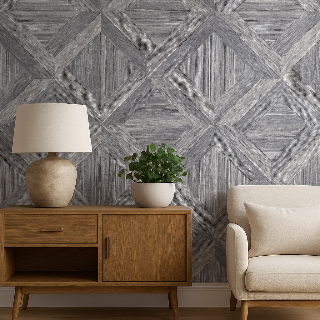 Geometric Wood Effect Wallpaper – Silver Grey (FD25373)