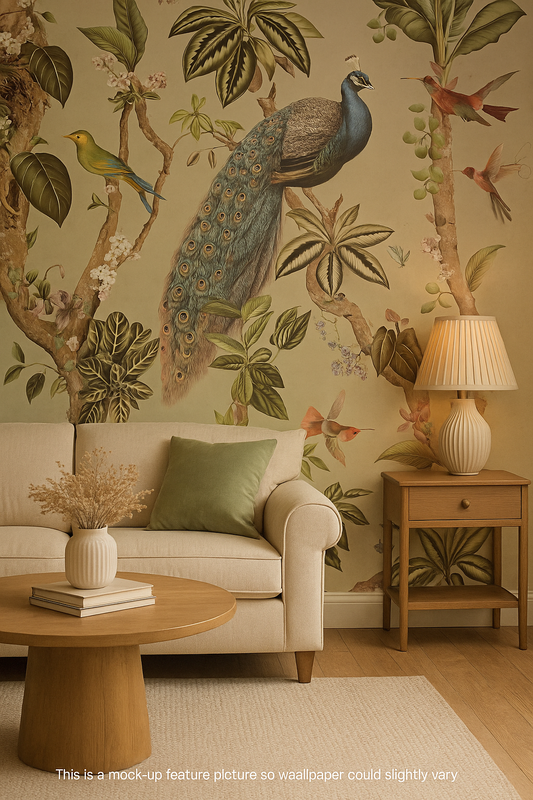 ✨  Feature Wallpaper – Peacock Woods (Taupe) ✨