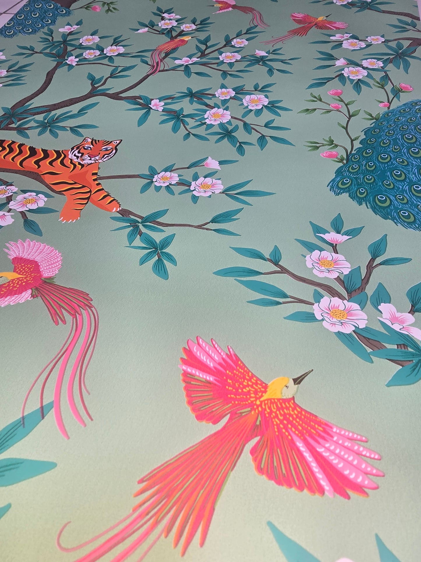 Exotic Tiger & Peacock Blossom Wallpaper.