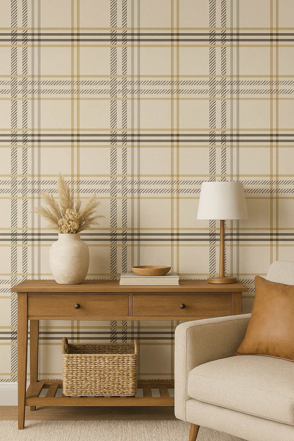 Tartan Check Cream & Gold Wallpaper