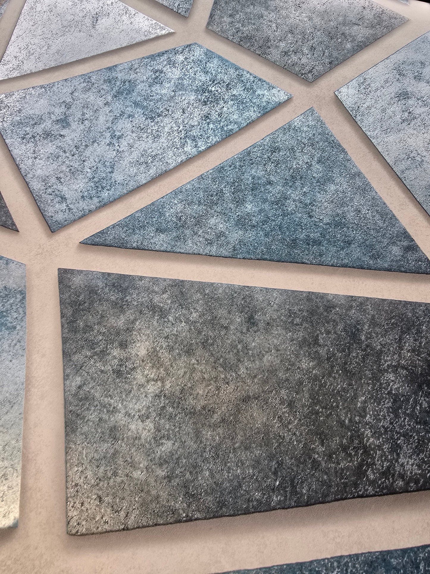 Blue & Silver Geometric Panel Wallpaper – Luxury Shimmer Effect (FD25350)