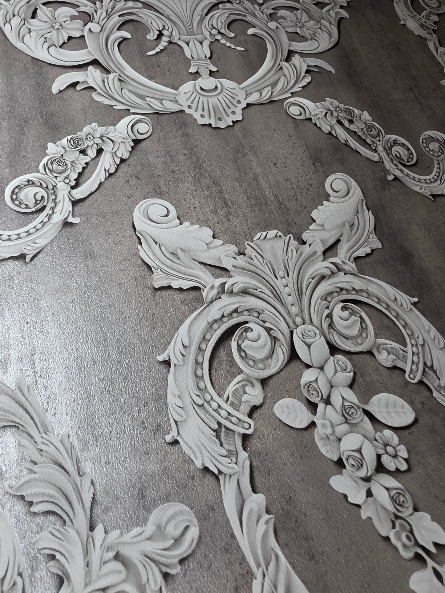 Grosvenor Anthracite Damask Wallpaper – Luxury Baroque Design by Debona (6215D)