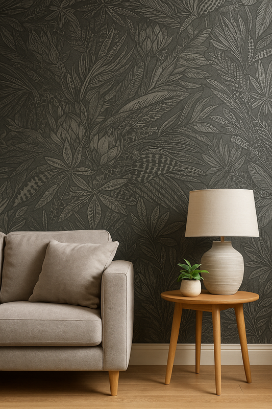 Susara Charcoal Metallic Tropical Textured Wallpaper (65822)