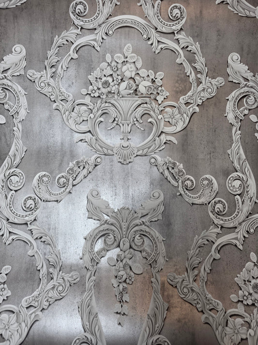 Grosvenor Anthracite Damask Wallpaper – Luxury Baroque Design by Debona (6215D)